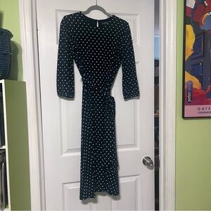 Polka Dot Tie-Waist Midi Dress - Dark Green/White